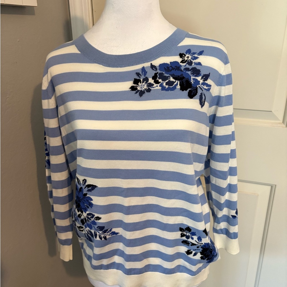 Talbots Blue and White Crew Neck Sweater with Floral Embroidery